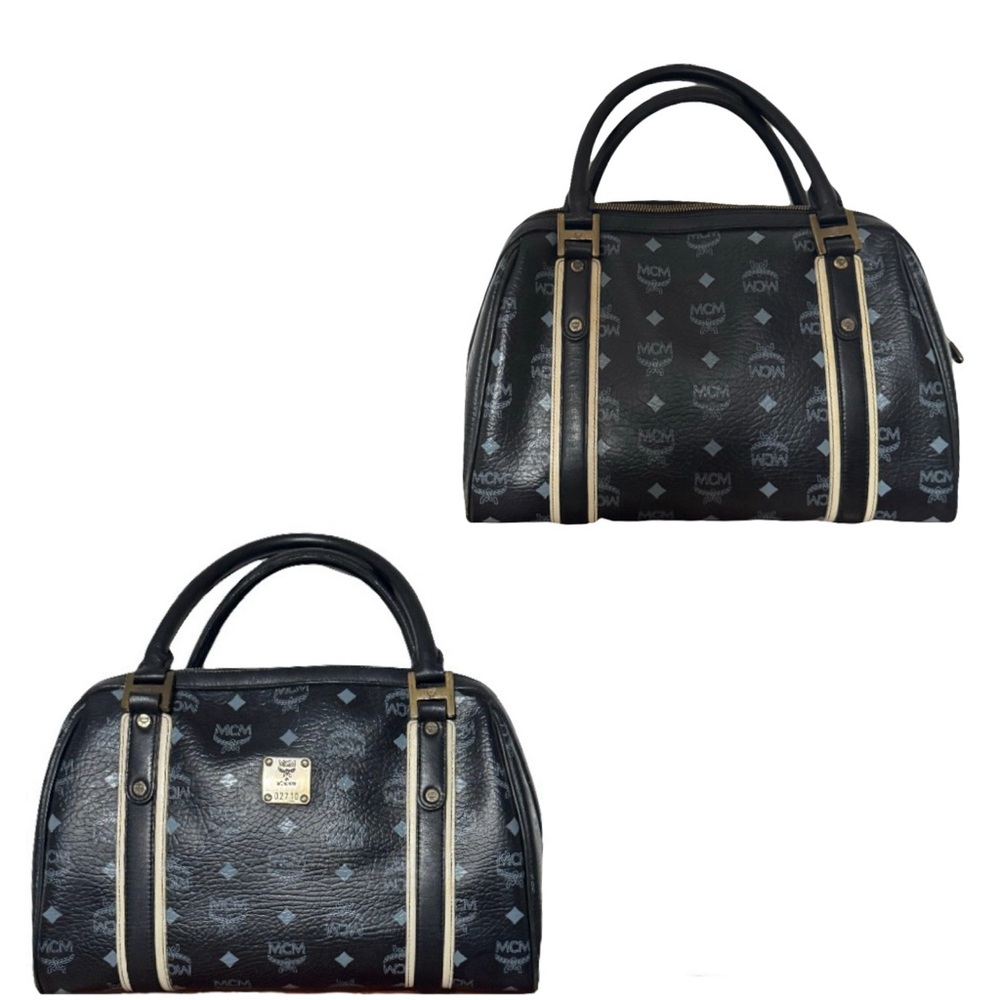 ⚜️Rare!! MCM Visetos Logo Leather Boston Bag Black w/ Print & Black&white Trim👑 - Picture 5 of 14